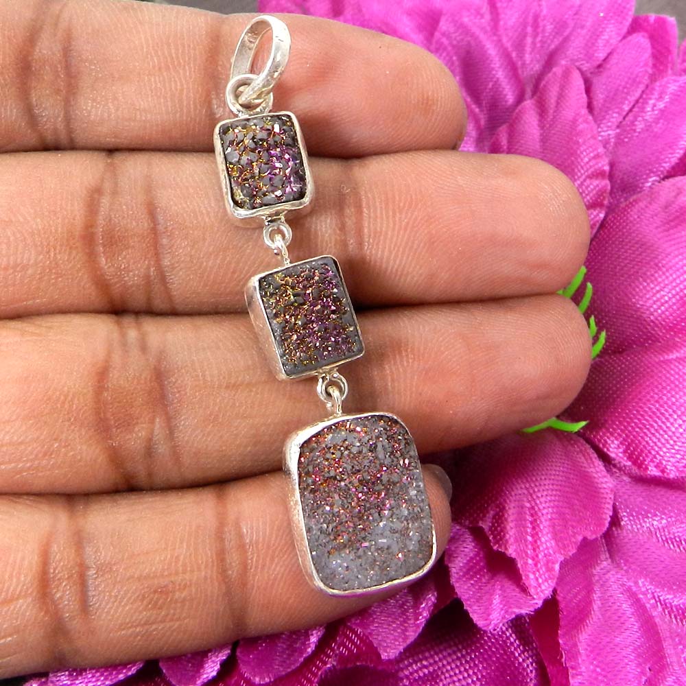 Natural Titanium Druzy 925 Sterling Silver Bezel Set Pendant