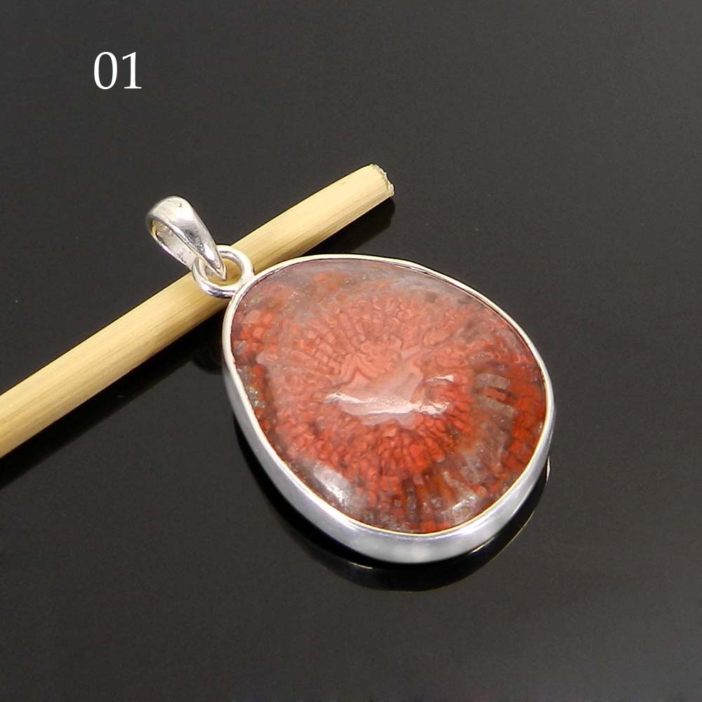 Natural Utah Coral 925 Sterling Silver Designer Bezel Set Pendant