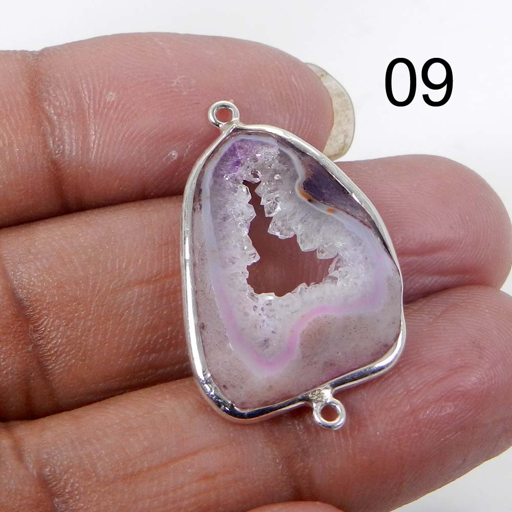 Pink Window Druzy Silver Designer Bezel Set Double Loop Connector