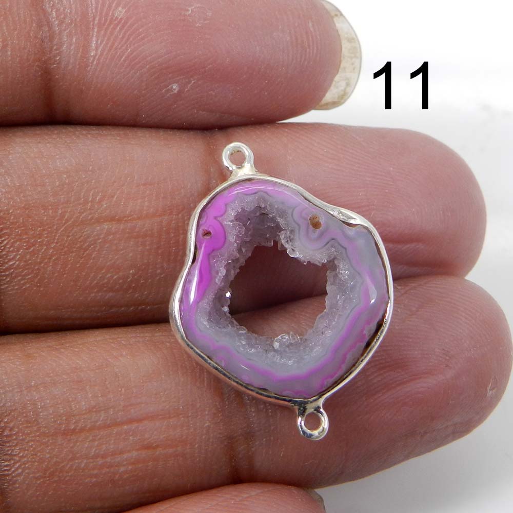 Pink Window Druzy Silver Designer Bezel Set Double Loop Connector
