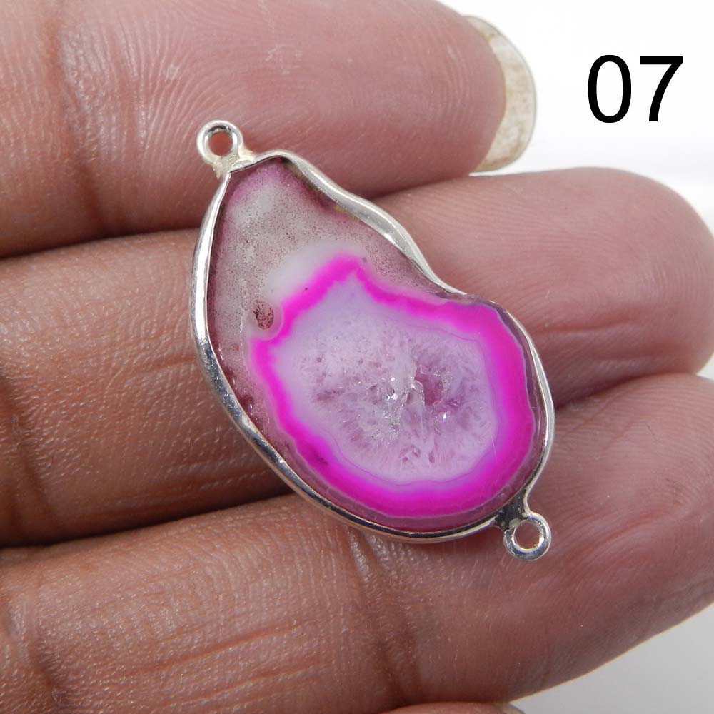 Pink Window Druzy Silver Designer Bezel Set Double Loop Connector