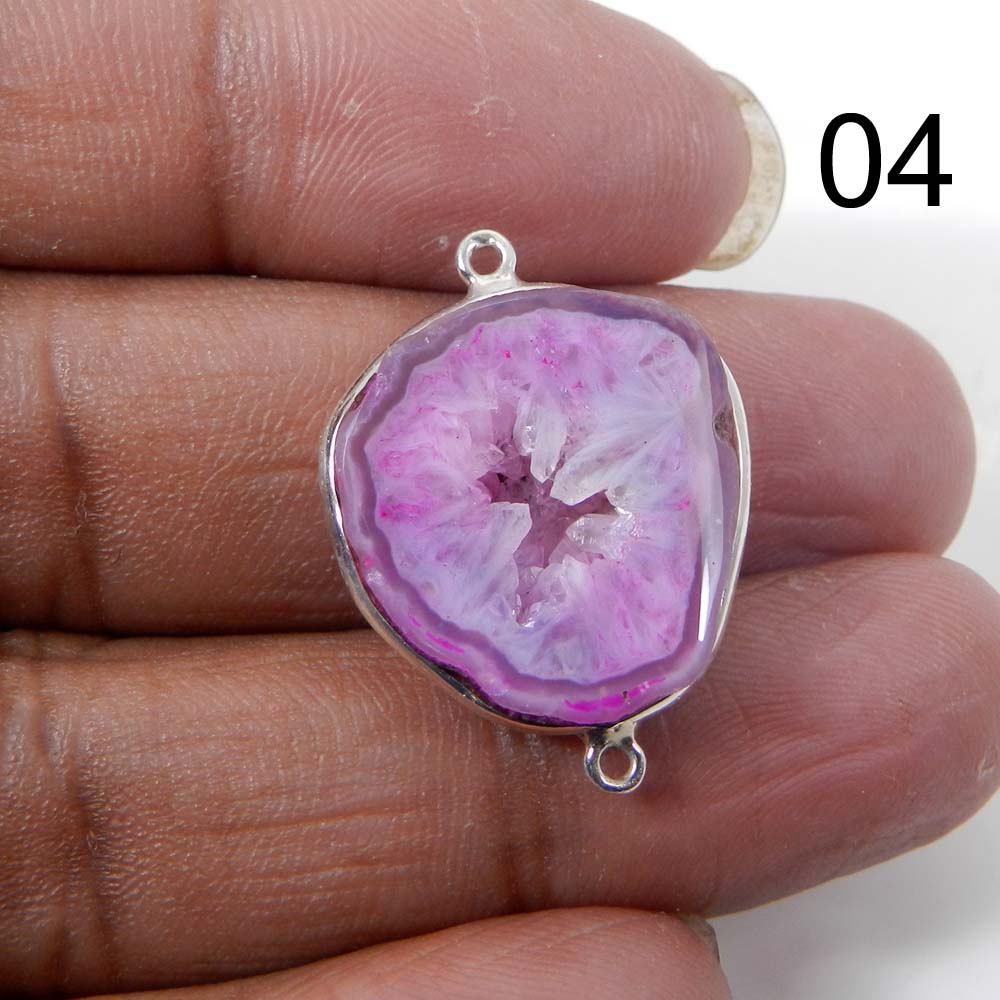 Pink Window Druzy Silver Designer Bezel Set Double Loop Connector