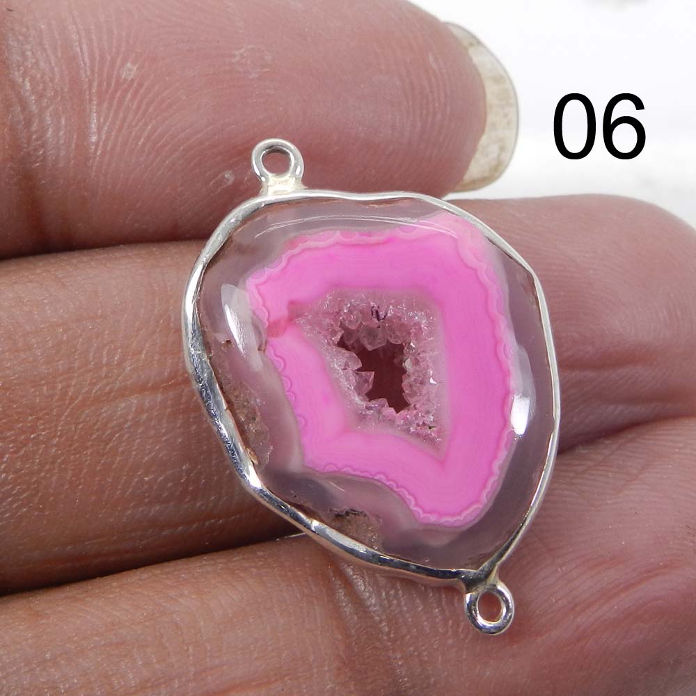 Pink Window Druzy Silver Designer Bezel Set Double Loop Connector