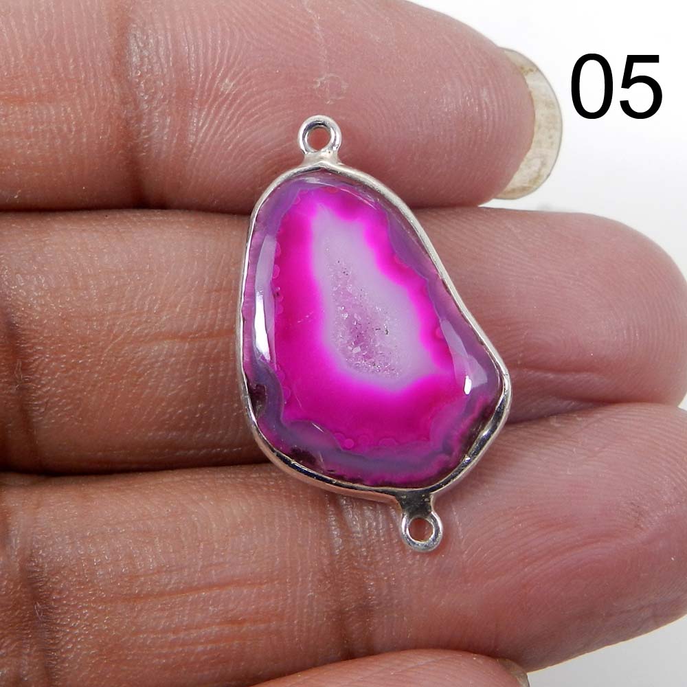 Pink Window Druzy Silver Designer Bezel Set Double Loop Connector