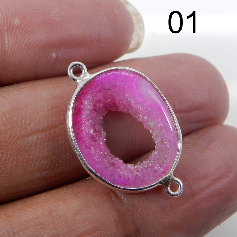 Pink Window Druzy Silver Designer Bezel Set Double Loop Connector