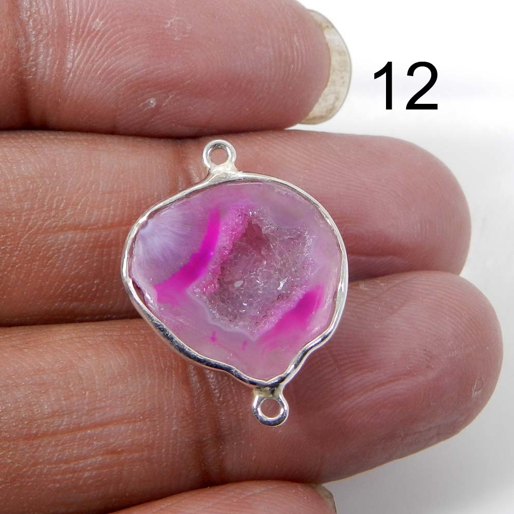 Pink Window Druzy Silver Designer Bezel Set Double Loop Connector
