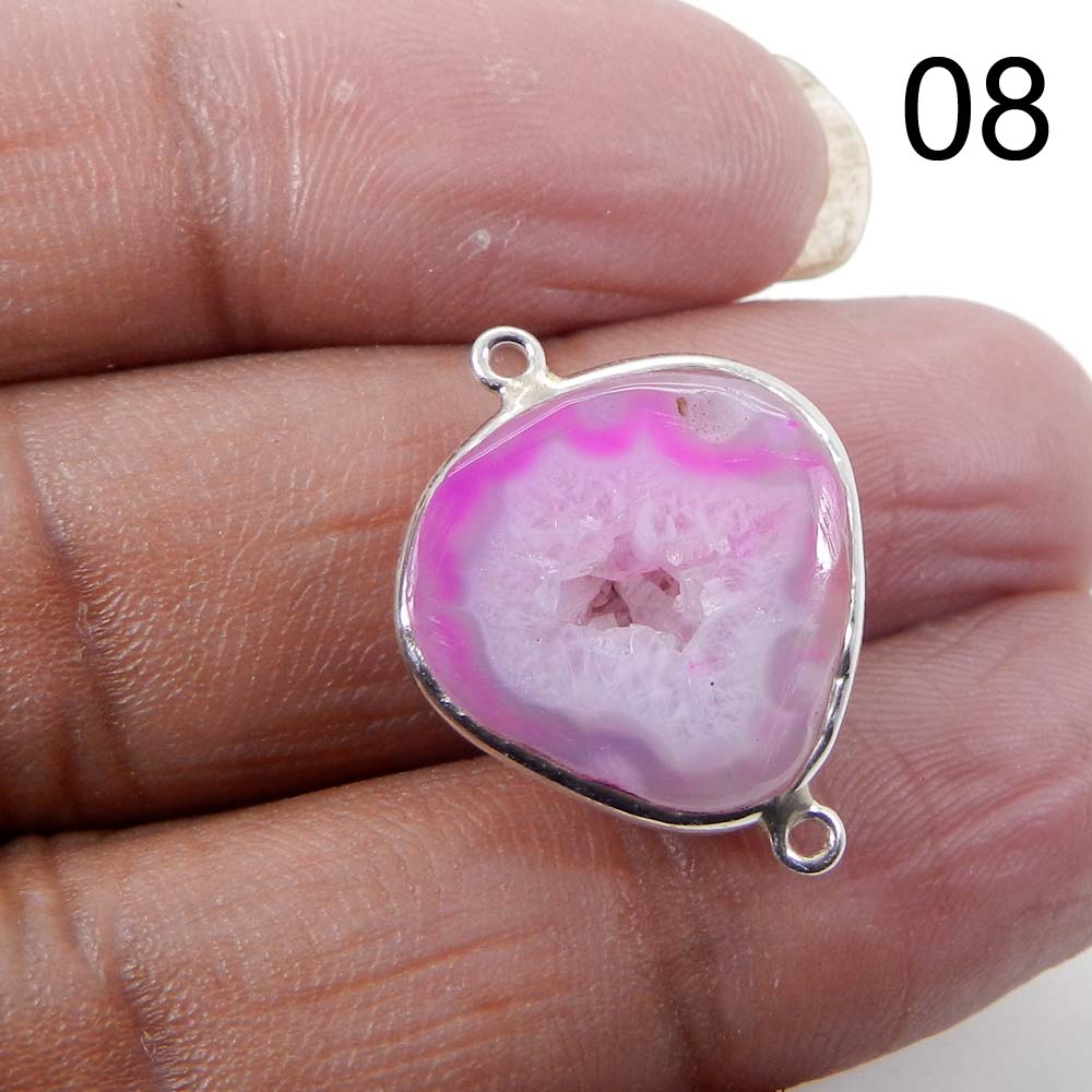 Pink Window Druzy Silver Designer Bezel Set Double Loop Connector