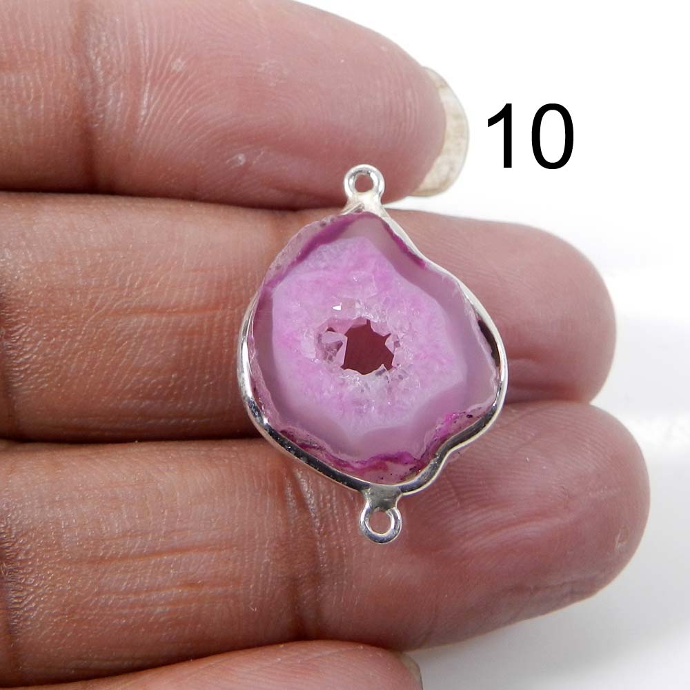 Pink Window Druzy Silver Designer Bezel Set Double Loop Connector