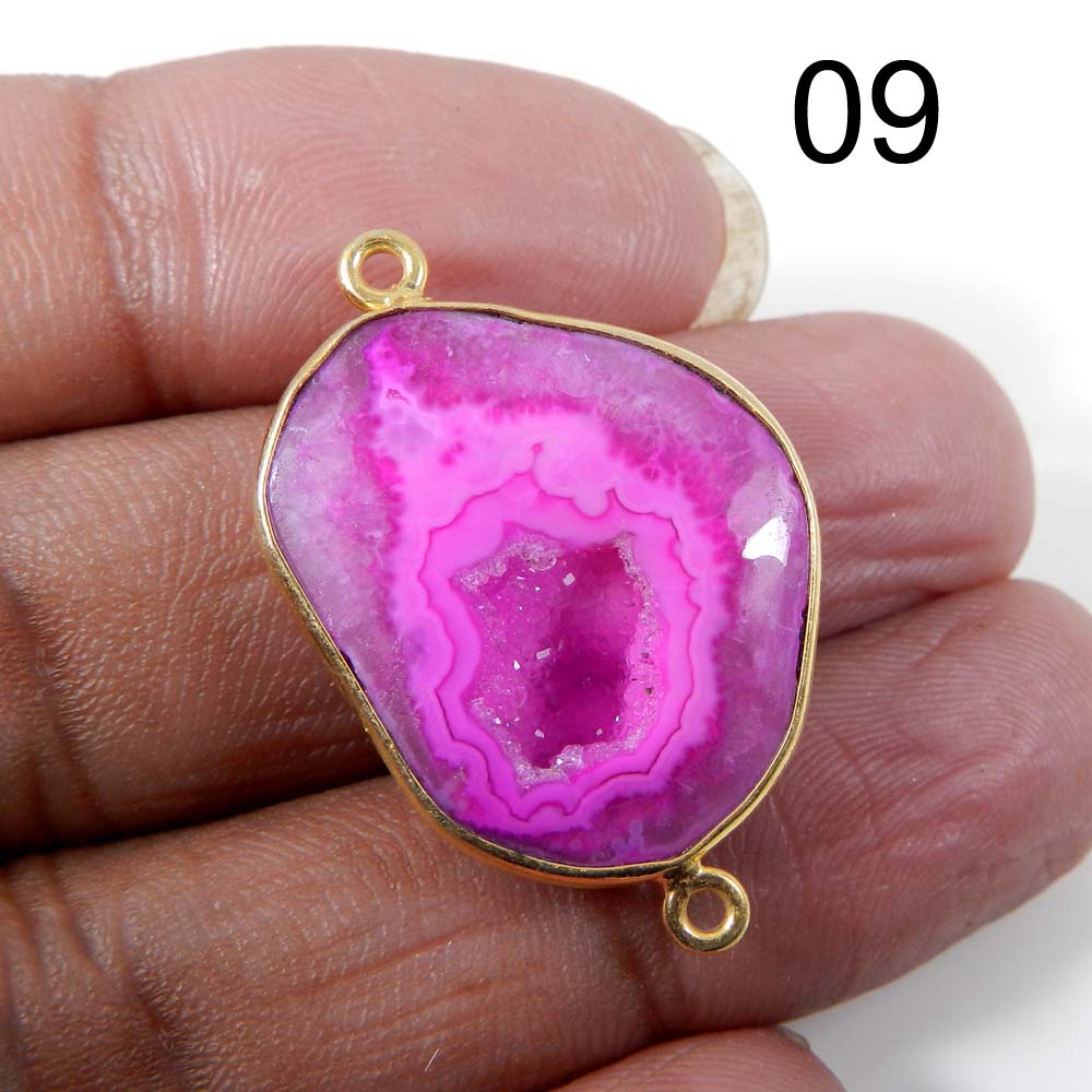 Pink Window Druzy Silver Gold Plated Bezel Set Double Loop Connector