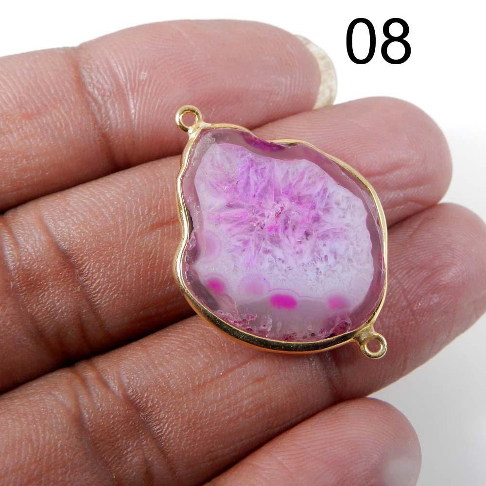 Pink Window Druzy Silver Gold Plated Bezel Set Double Loop Connector