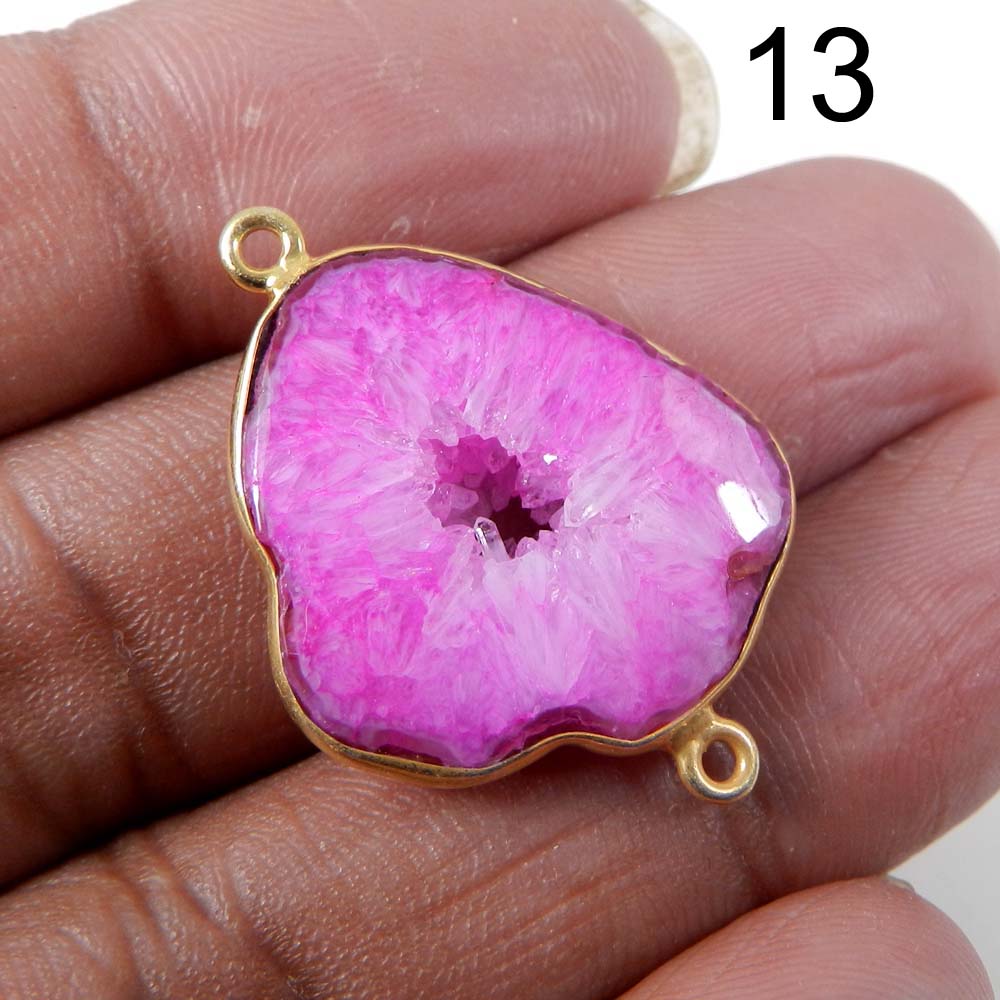 Pink Window Druzy Silver Gold Plated Bezel Set Double Loop Connector