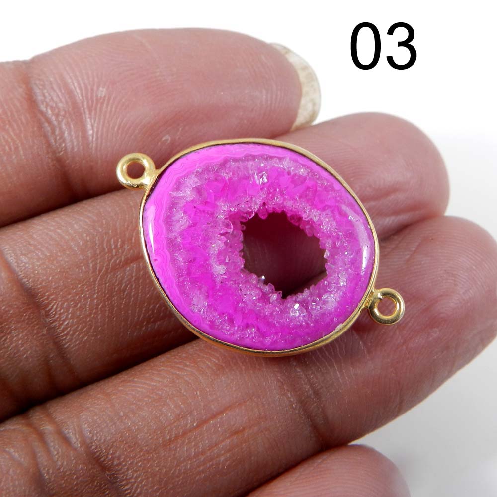 Pink Window Druzy Silver Gold Plated Bezel Set Double Loop Connector