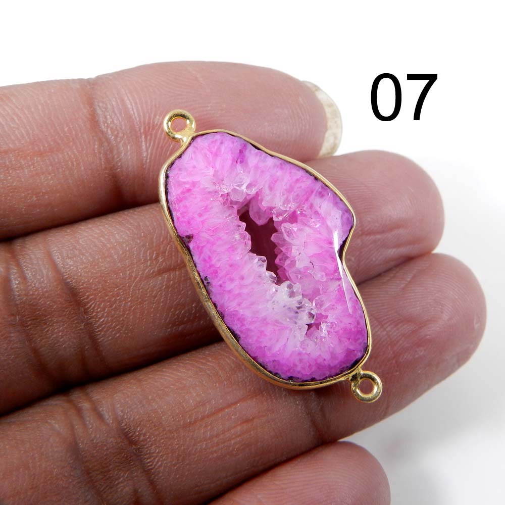 Pink Window Druzy Silver Gold Plated Bezel Set Double Loop Connector