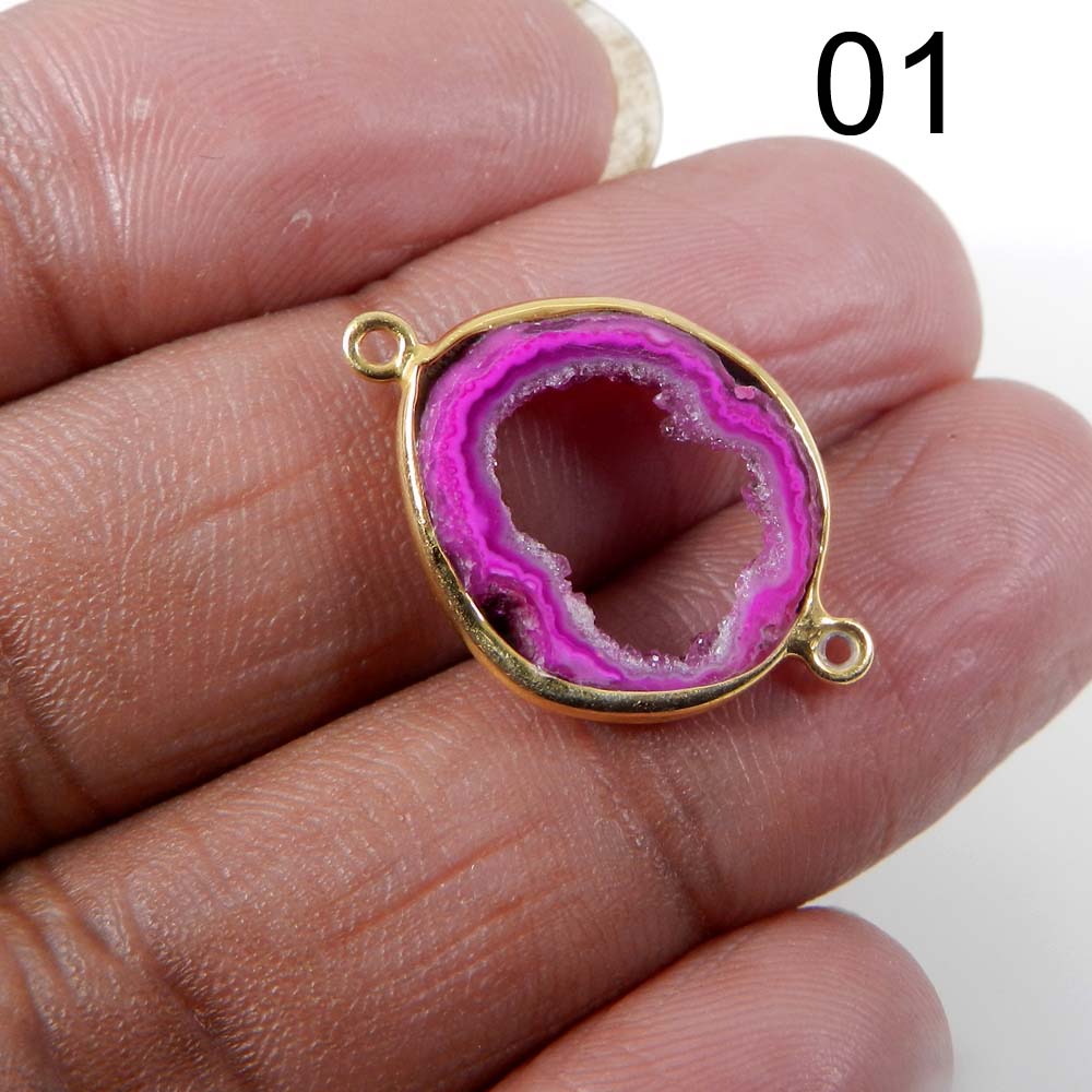 Pink Window Druzy Silver Gold Plated Bezel Set Double Loop Connector