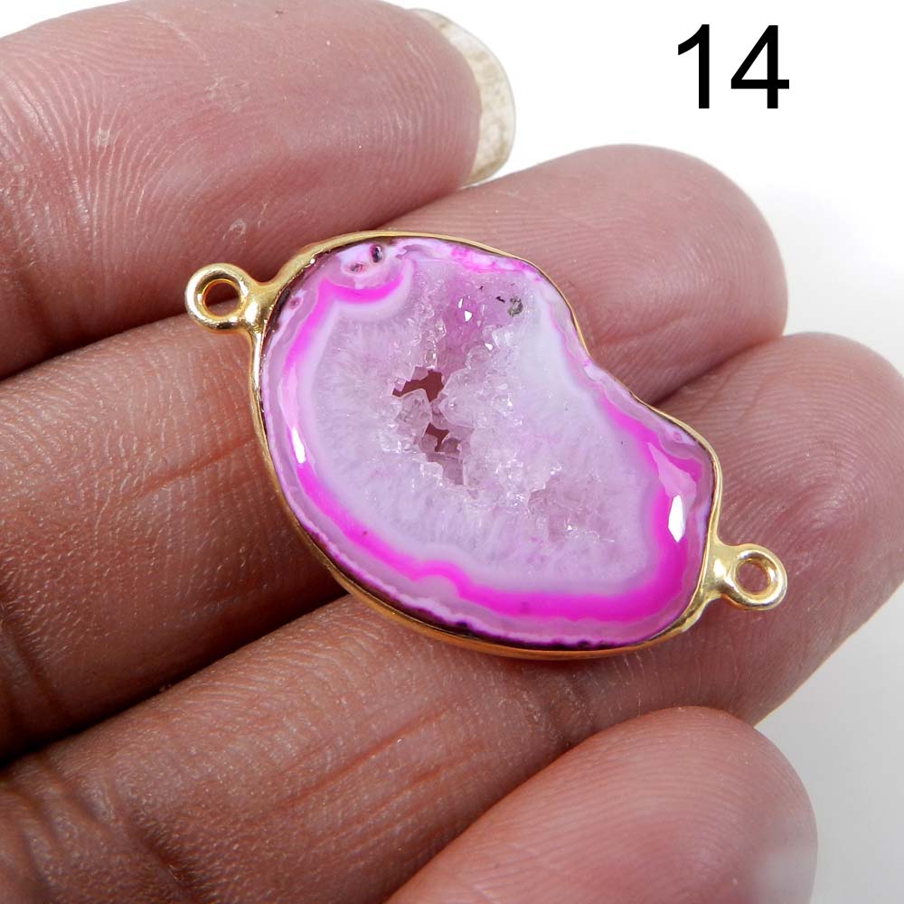 Pink Window Druzy Silver Gold Plated Bezel Set Double Loop Connector
