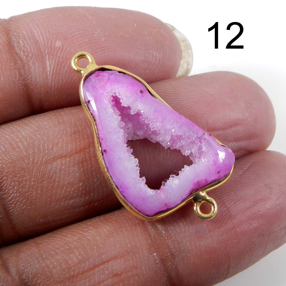 Pink Window Druzy Silver Gold Plated Bezel Set Double Loop Connector