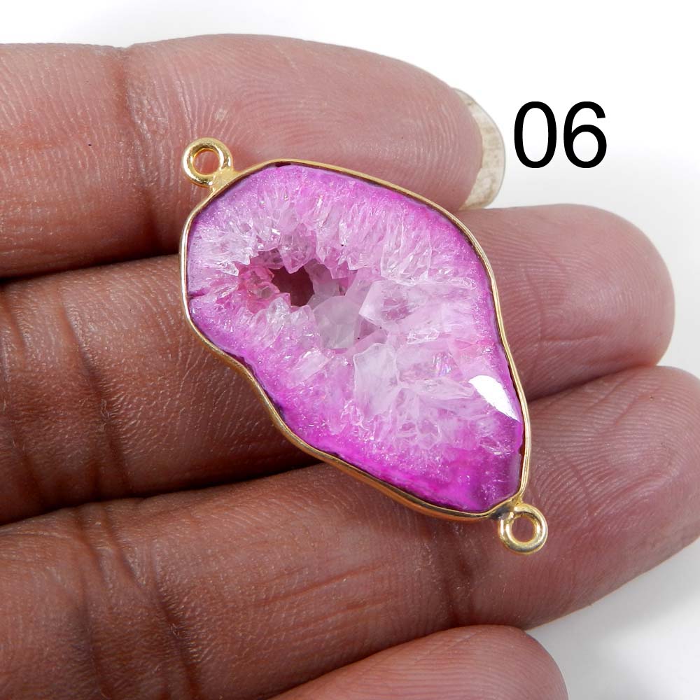 Pink Window Druzy Silver Gold Plated Bezel Set Double Loop Connector
