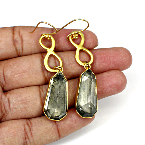 Ravishing Designer Collection Natural Pyrite amp Crystal Doublet Gemstone Earring Brass Vermeil Hanging Dangling Women Party Wear