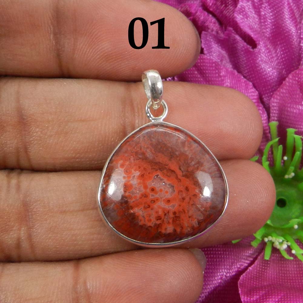 Red Horn Coral 925 Sterling Silver Designer Bezel Set Pendant