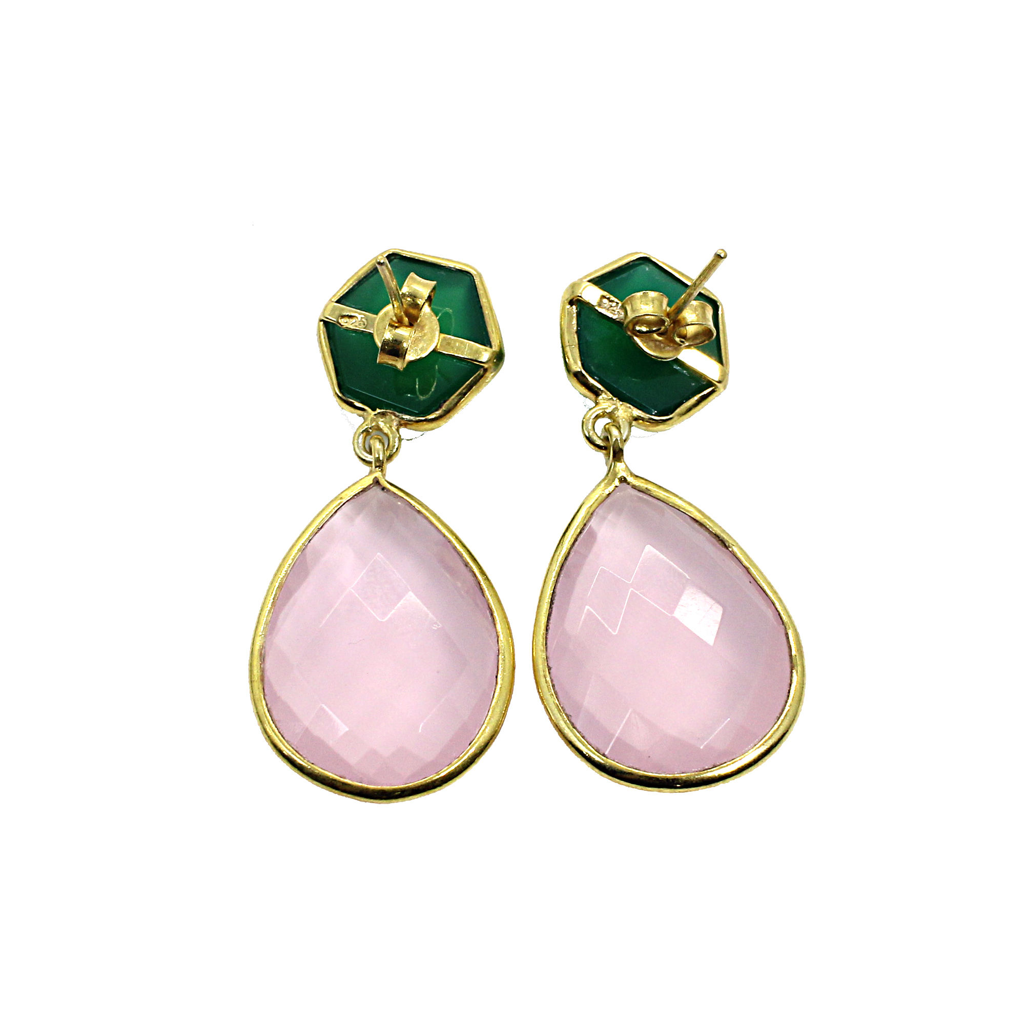 Rose Chalcedony amp Green Onyx Sterling Silver Gold Plated Stud Earrings