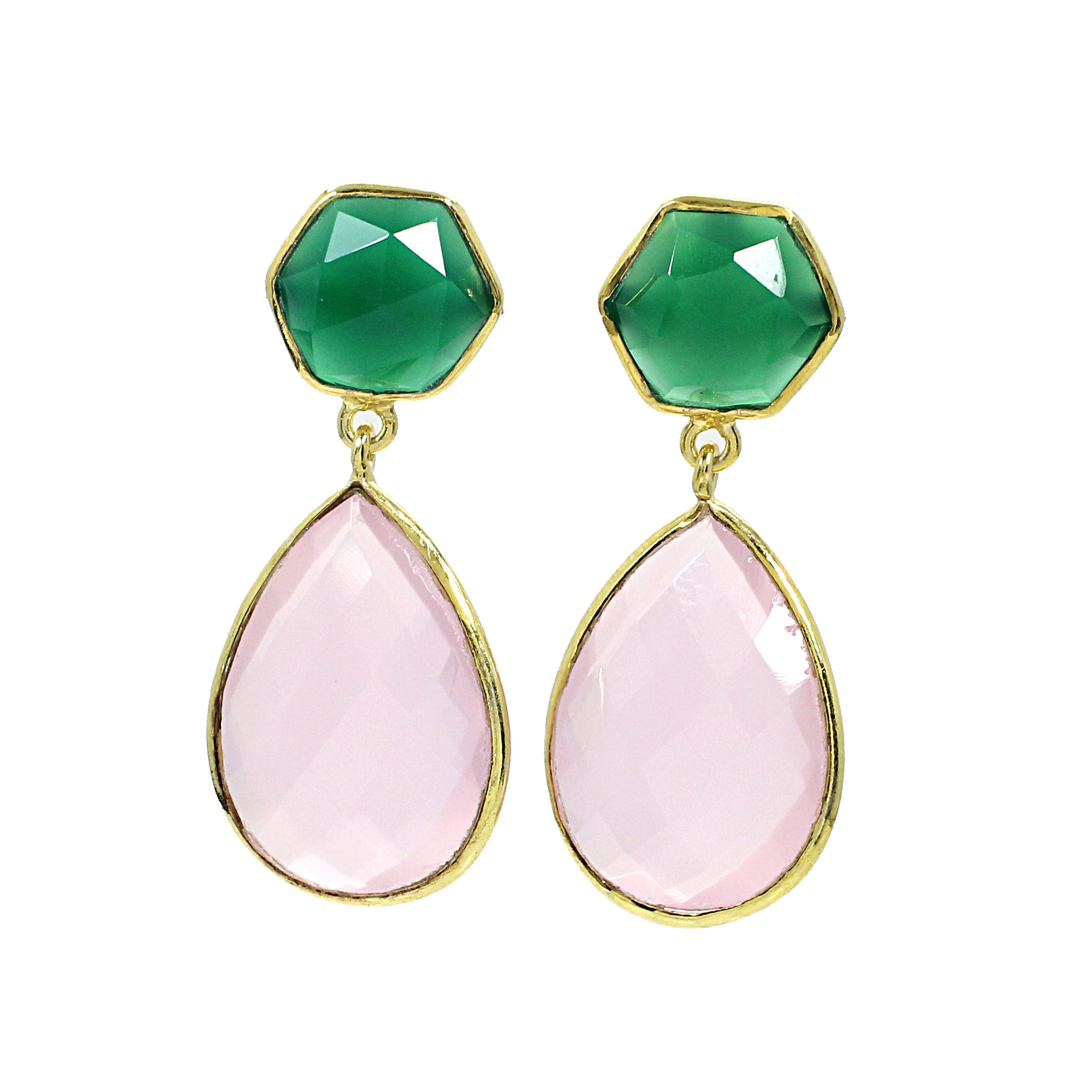 Rose Chalcedony amp Green Onyx Sterling Silver Gold Plated Stud Earrings