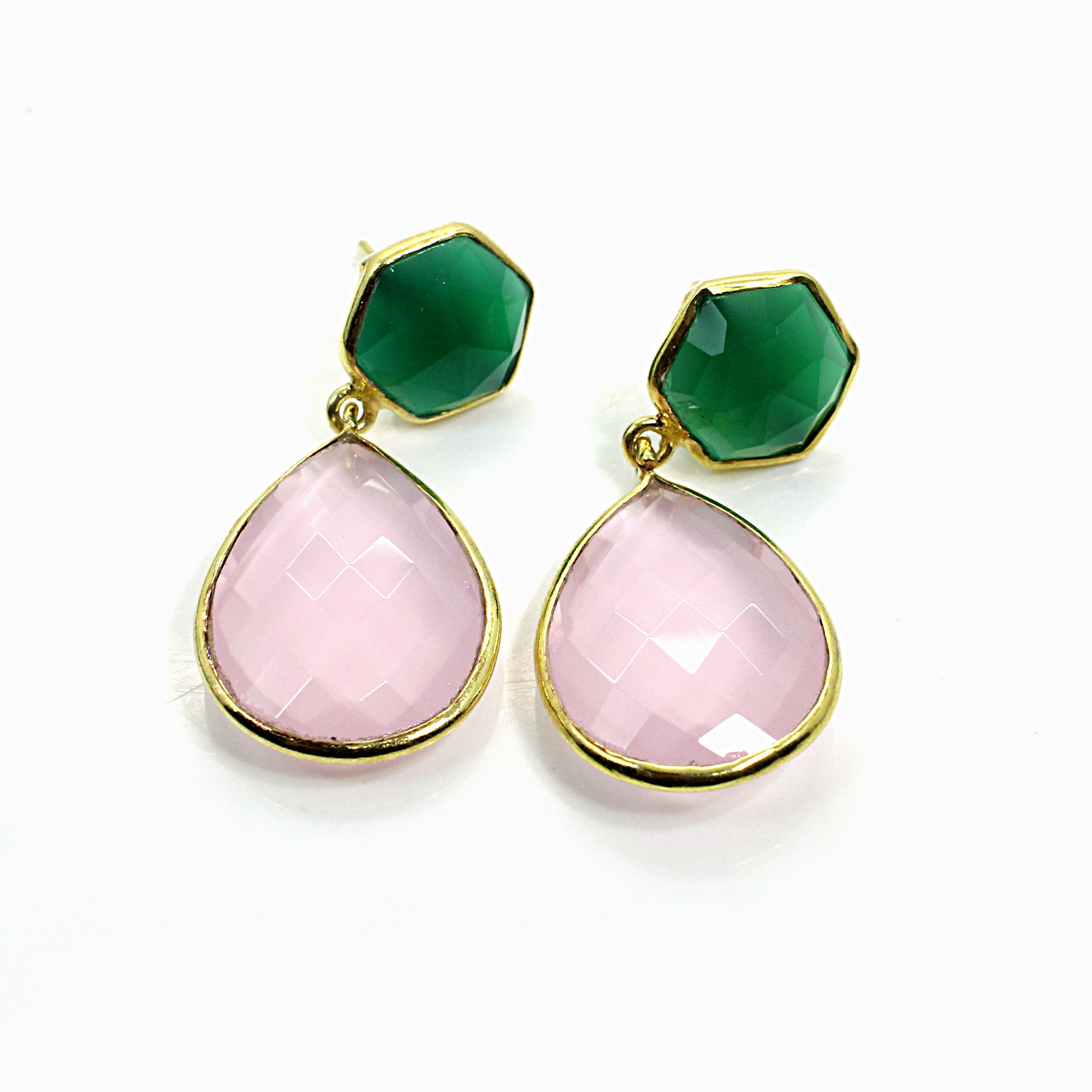Rose Chalcedony amp Green Onyx Sterling Silver Gold Plated Stud Earrings