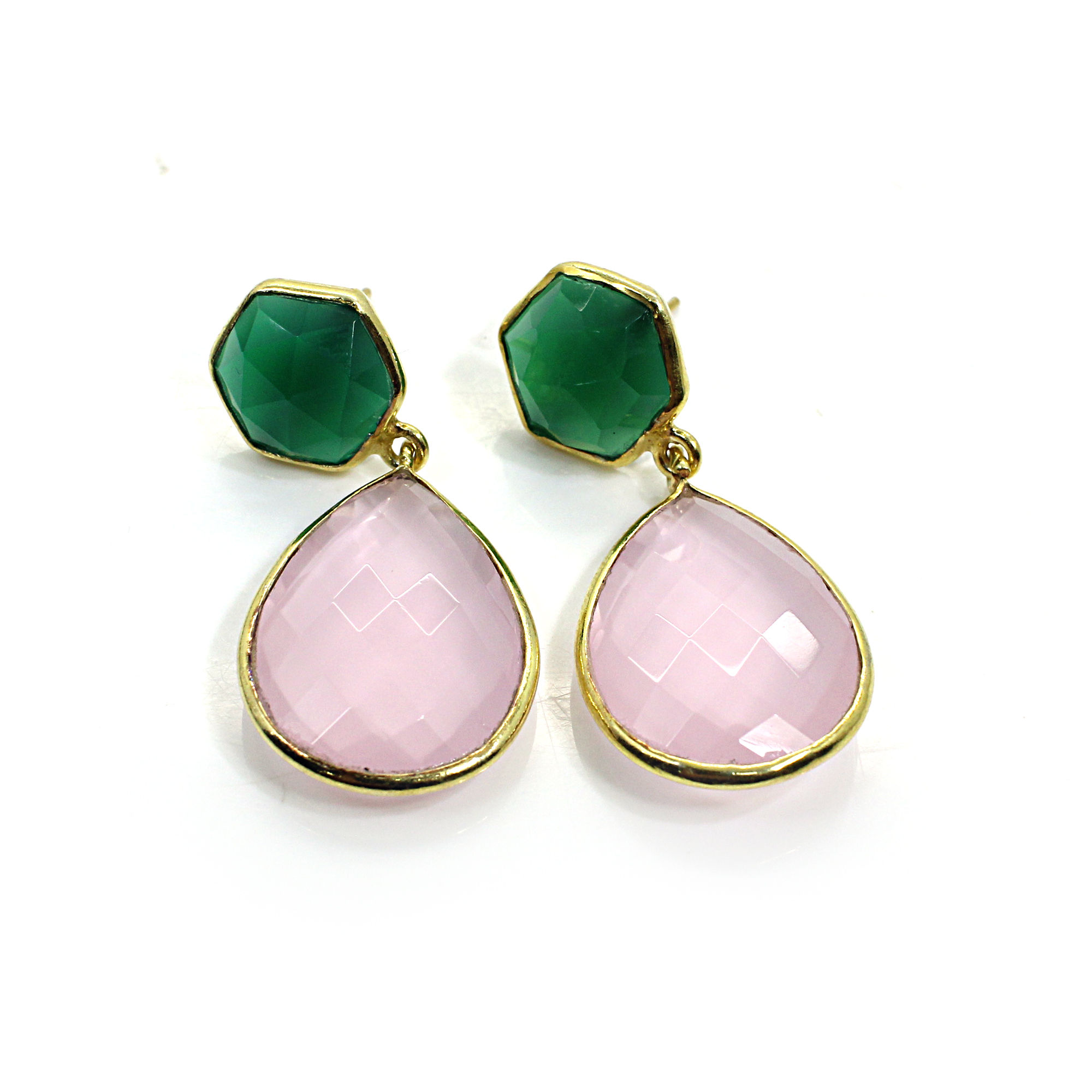 Rose Chalcedony amp Green Onyx Sterling Silver Gold Plated Stud Earrings