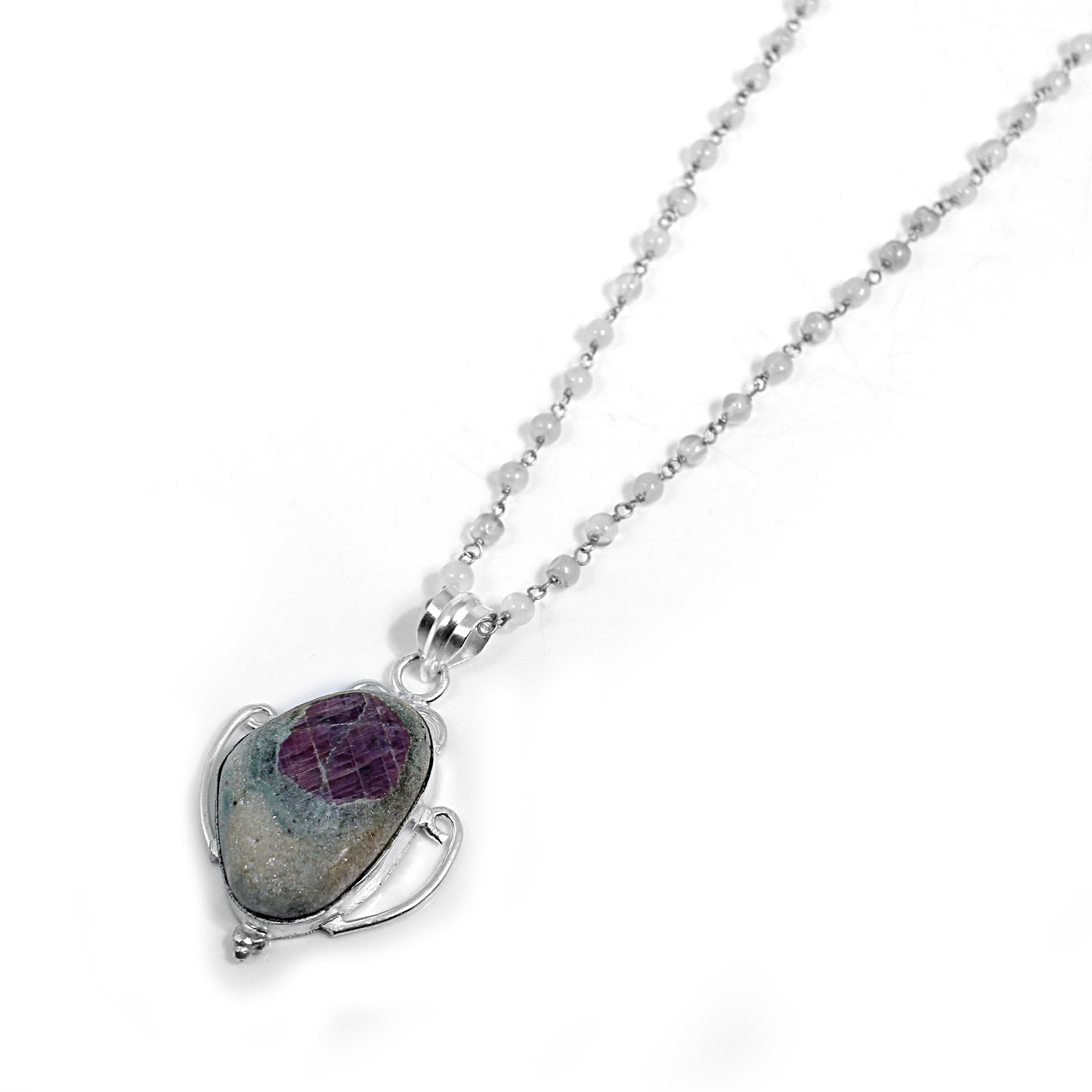 Ruby Zosite And White Moonstone 925 Sterling Silver Beads Chain Necklace