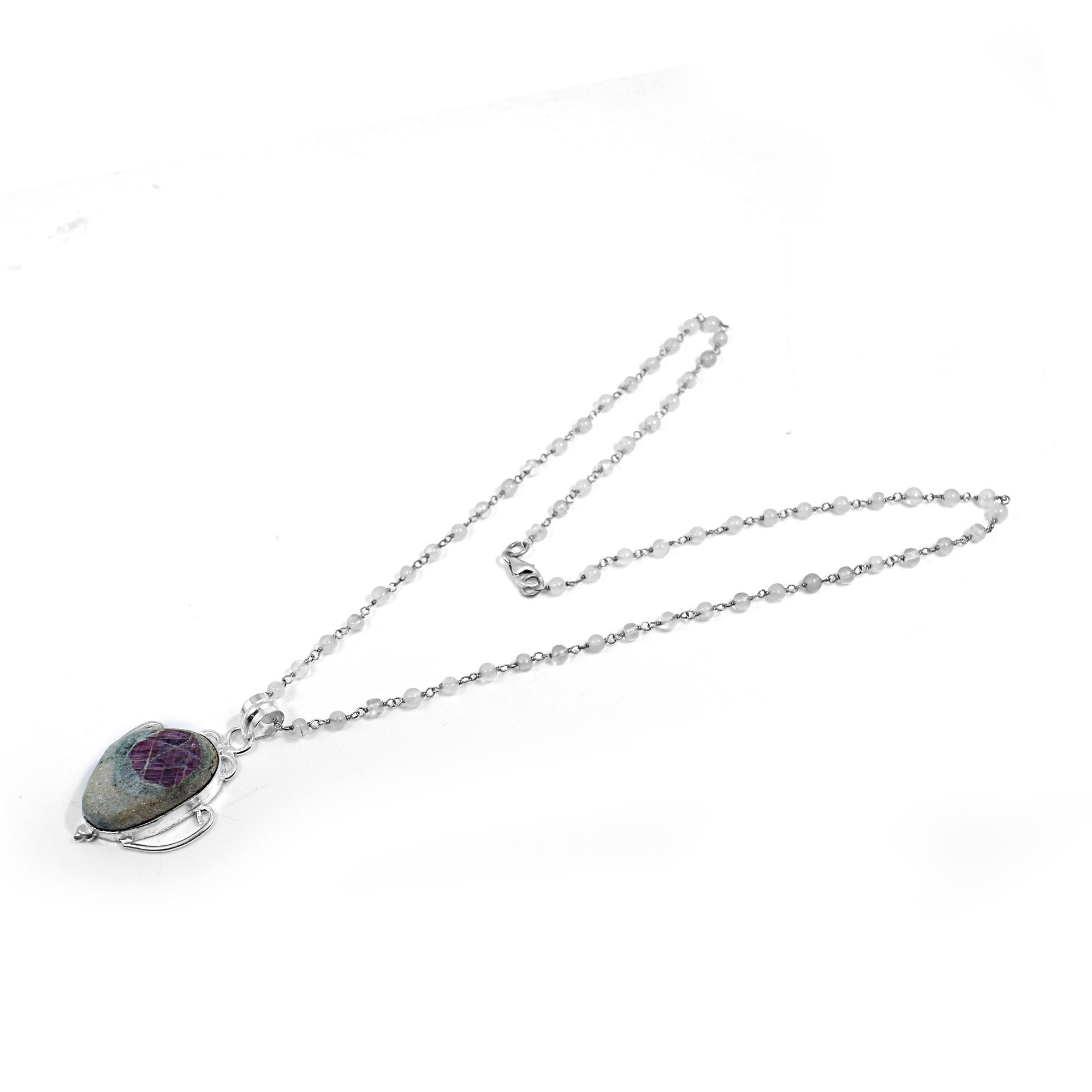 Ruby Zosite And White Moonstone 925 Sterling Silver Beads Chain Necklace