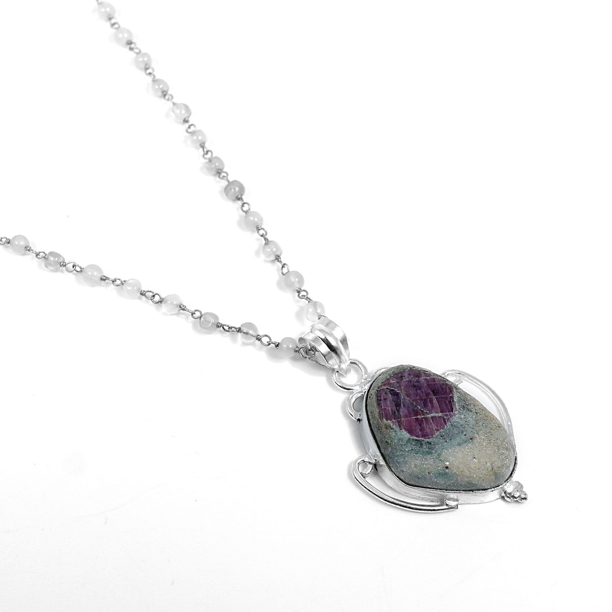 Ruby Zosite And White Moonstone 925 Sterling Silver Beads Chain Necklace