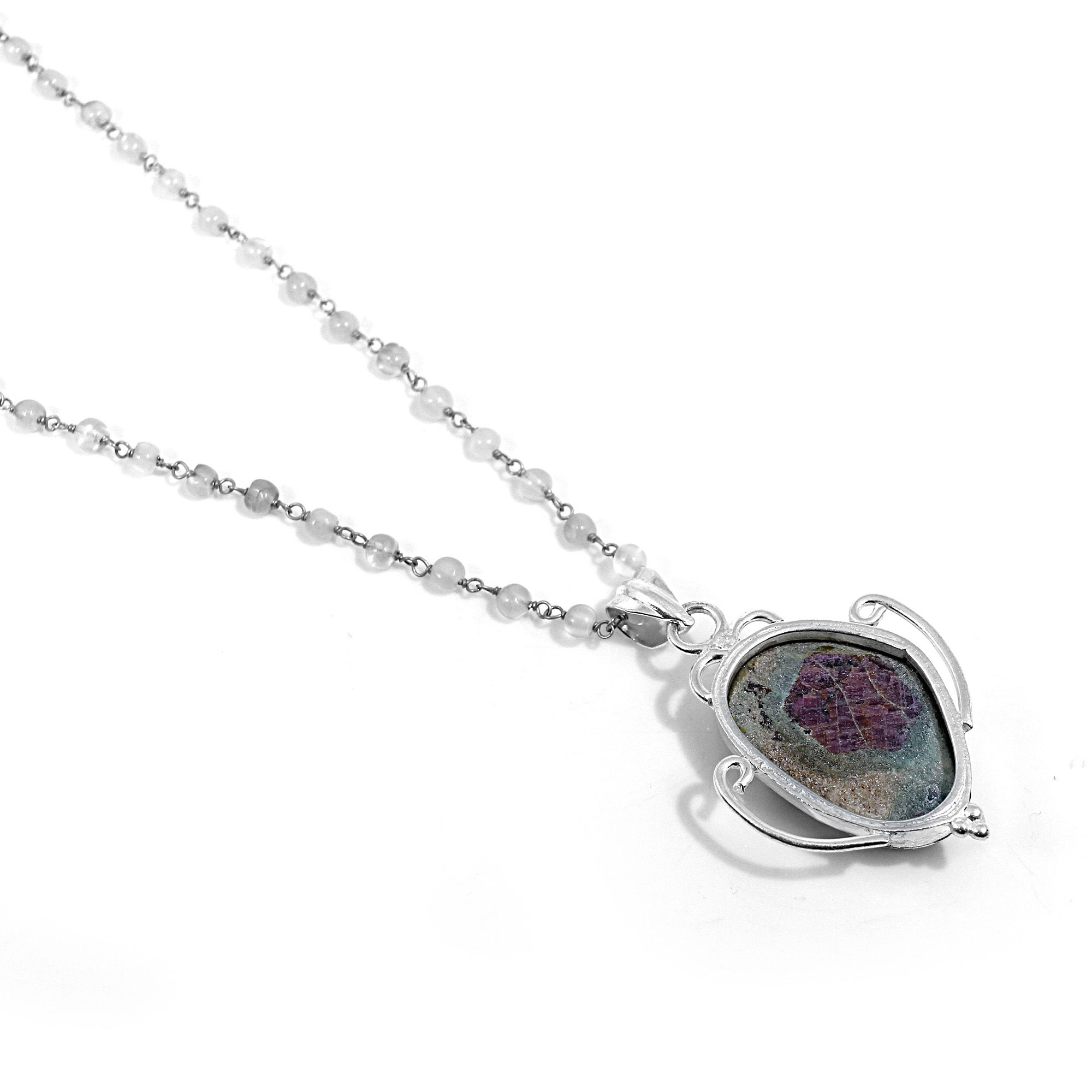 Ruby Zosite And White Moonstone 925 Sterling Silver Beads Chain Necklace