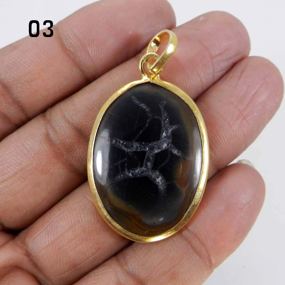 Septarian Jasper Silver Gold Plated Designer Bezel Set Pendant