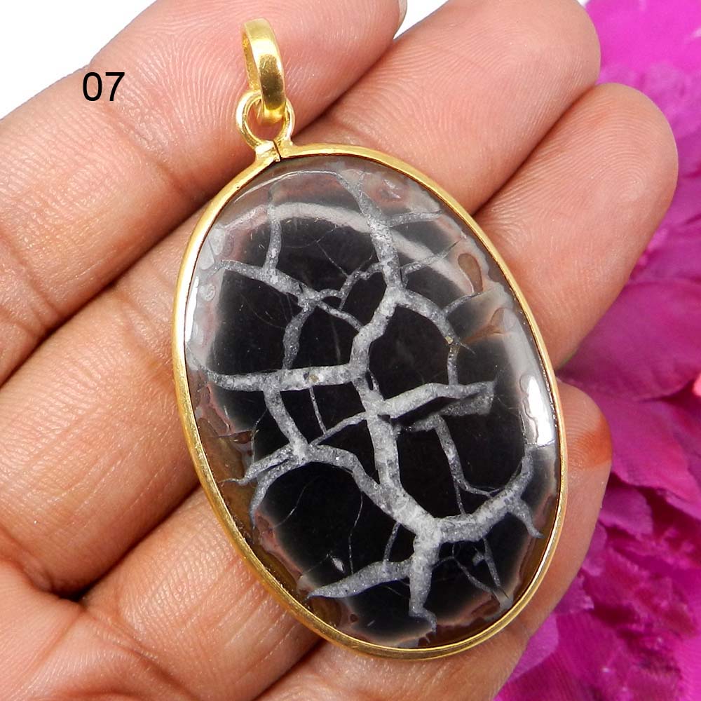 Septarian Jasper Silver Gold Plated Designer Bezel Set Pendant