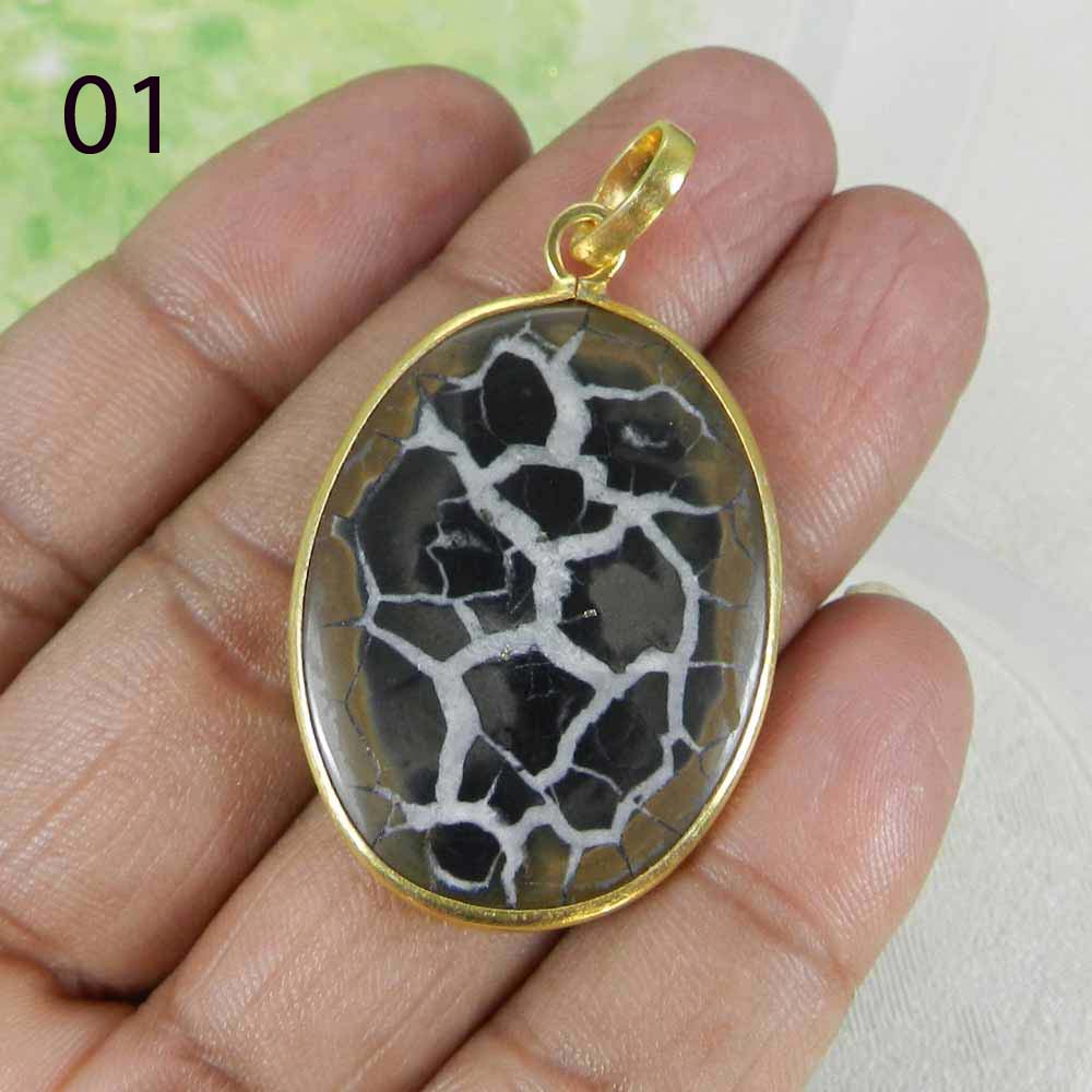 Septarian Jasper Silver Gold Plated Designer Bezel Set Pendant