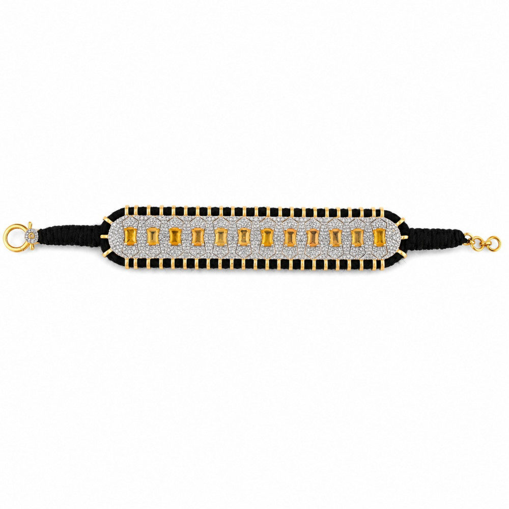 Image of Luxury Handmade 925 Sterling Silver Threaded Bracelet with Natural Citrine and Diamond for Women Fine Jewelry