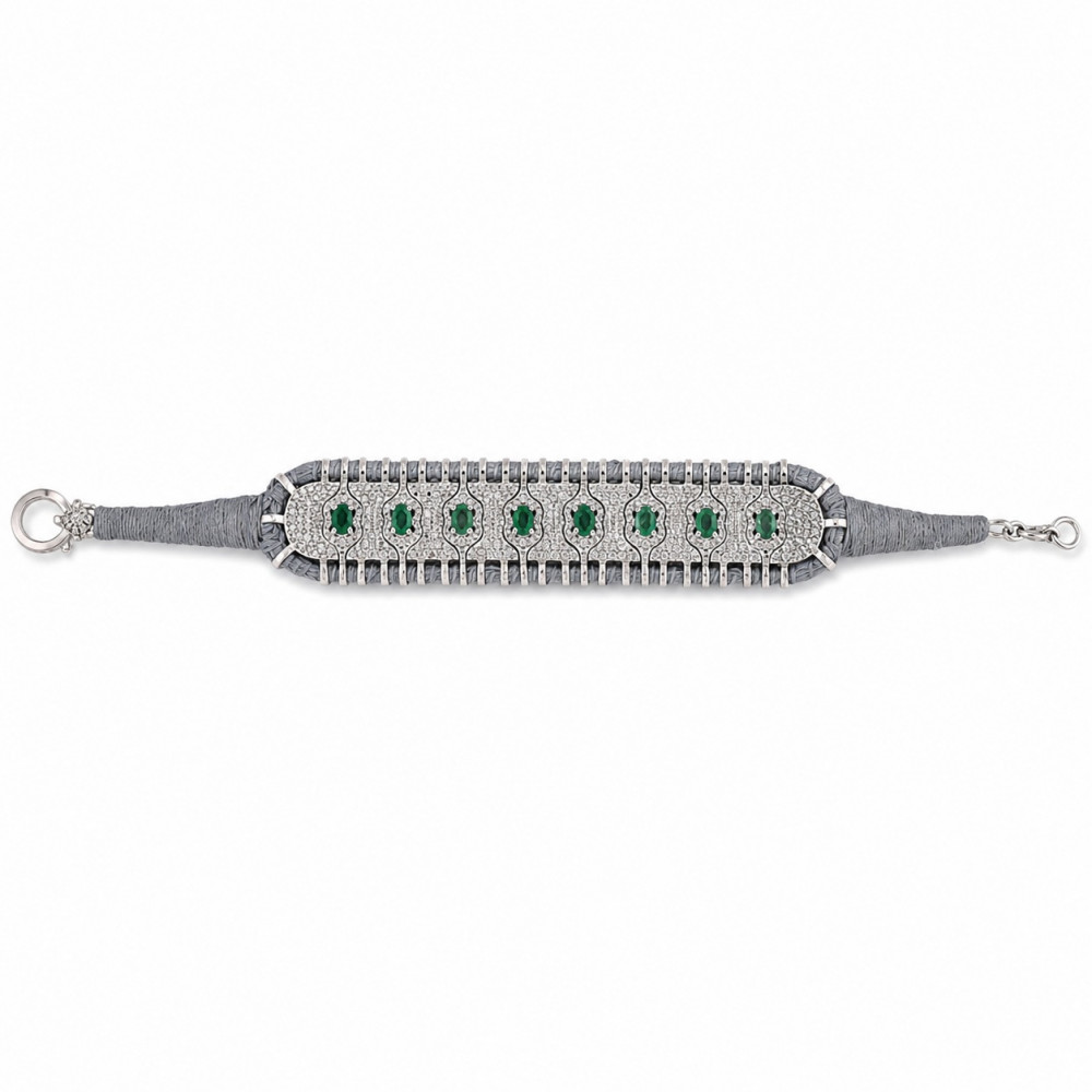 Image of Luxury Handmade 925 Sterling Silver Threaded Bracelet With Natural Emerald and Diamond Jewelry for Women