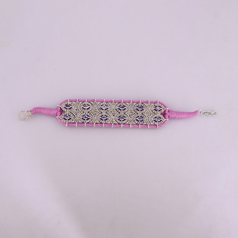 Image of High-End Handmade 925 Sterling Silver Threaded Bracelet With Natural Tanzanite and Diamond Jewelry for Women