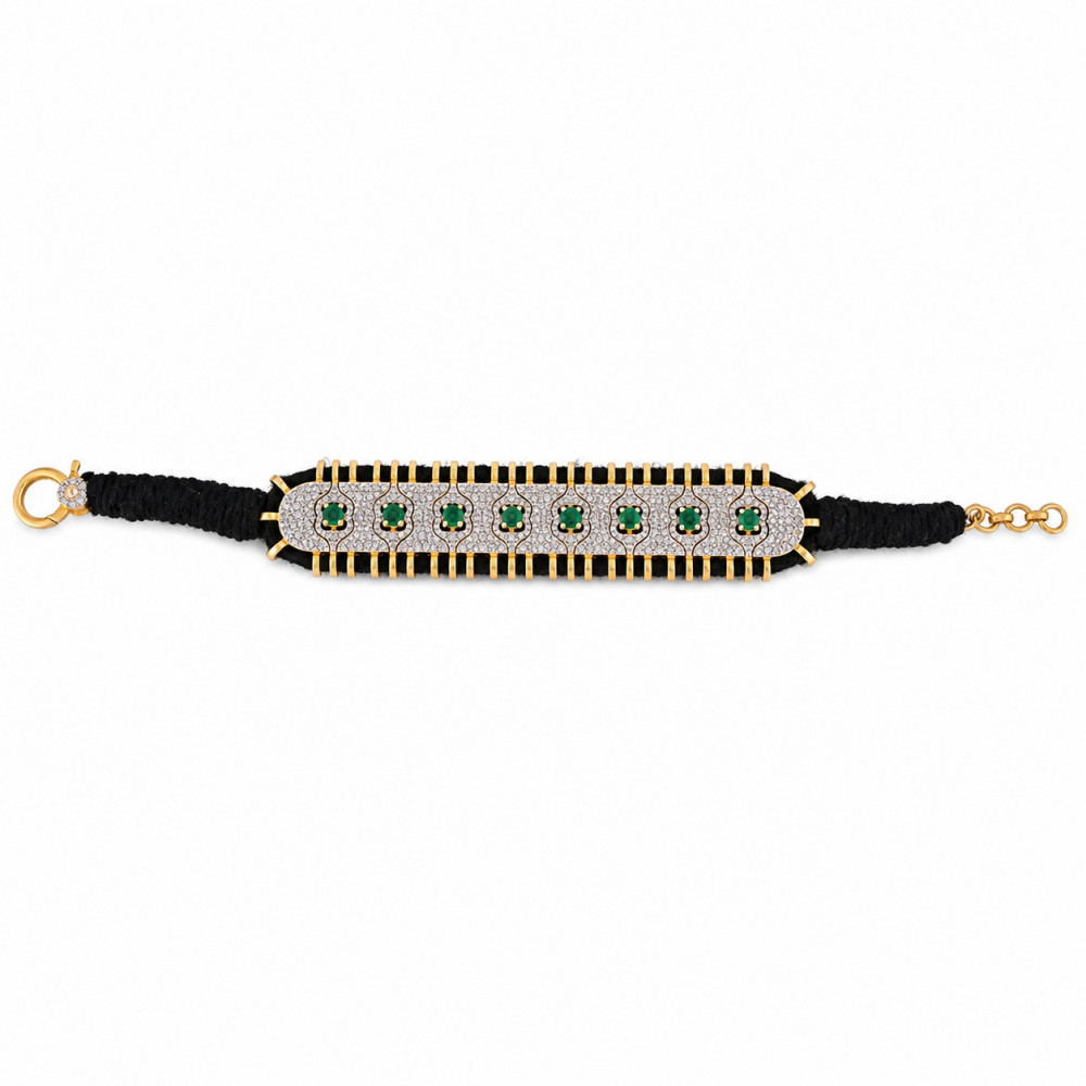 Image of Elegant handmade 925 sterling silver threaded bracelet featuring natural emerald and sparkling diamond Jewelry for Women