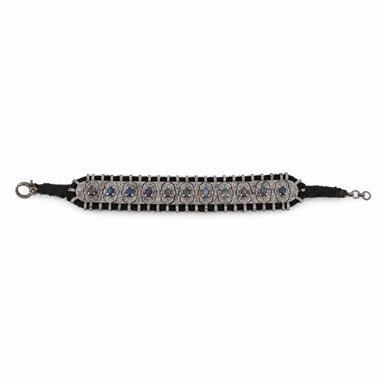 Luxury 925 Sterling Silver Threaded Bracelet Natural Black Opal  Diamond Jewelry for Women