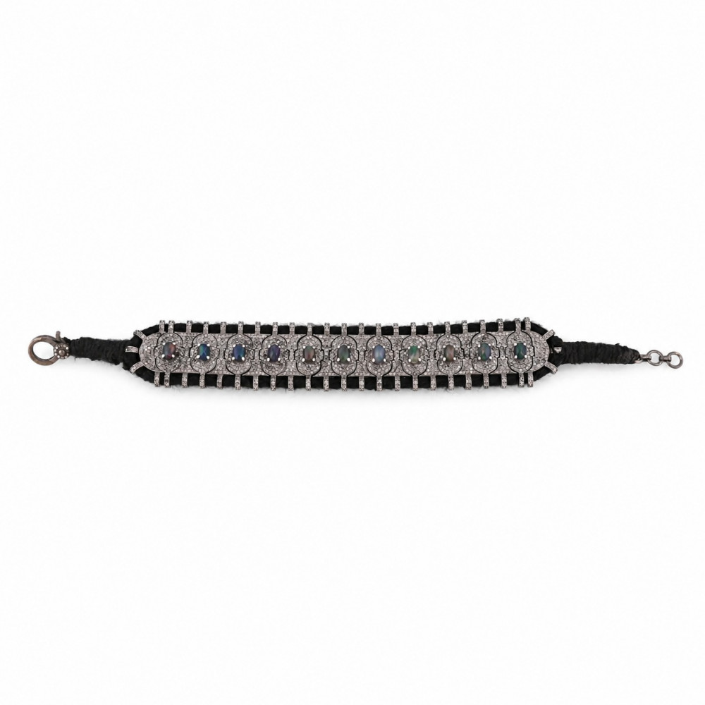 Image of Luxury 925 Sterling Silver Threaded Bracelet Natural Black Opal &amp; Diamond Jewelry for Women