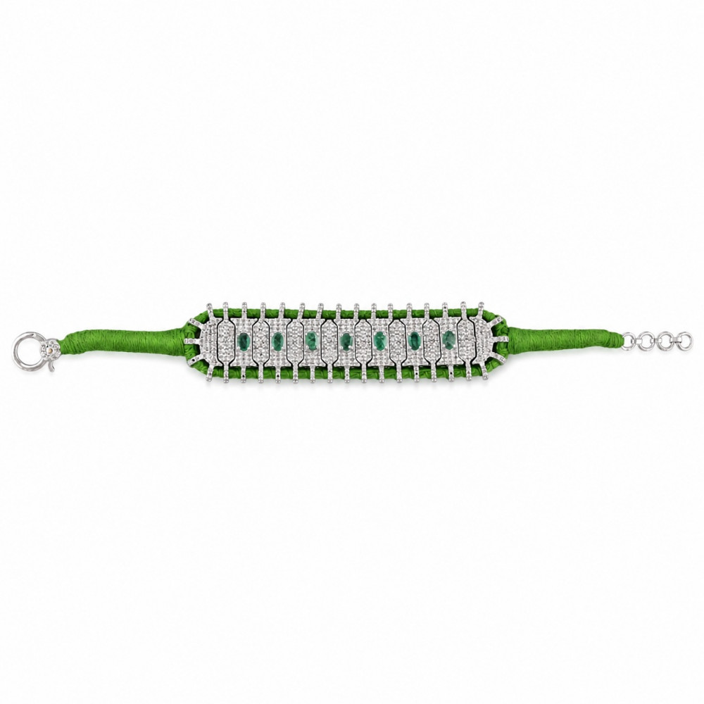 Image of High-End Handmade 925 Sterling Silver Threaded Bracelet With Natural Emerald and Diamond Jewelry for Women