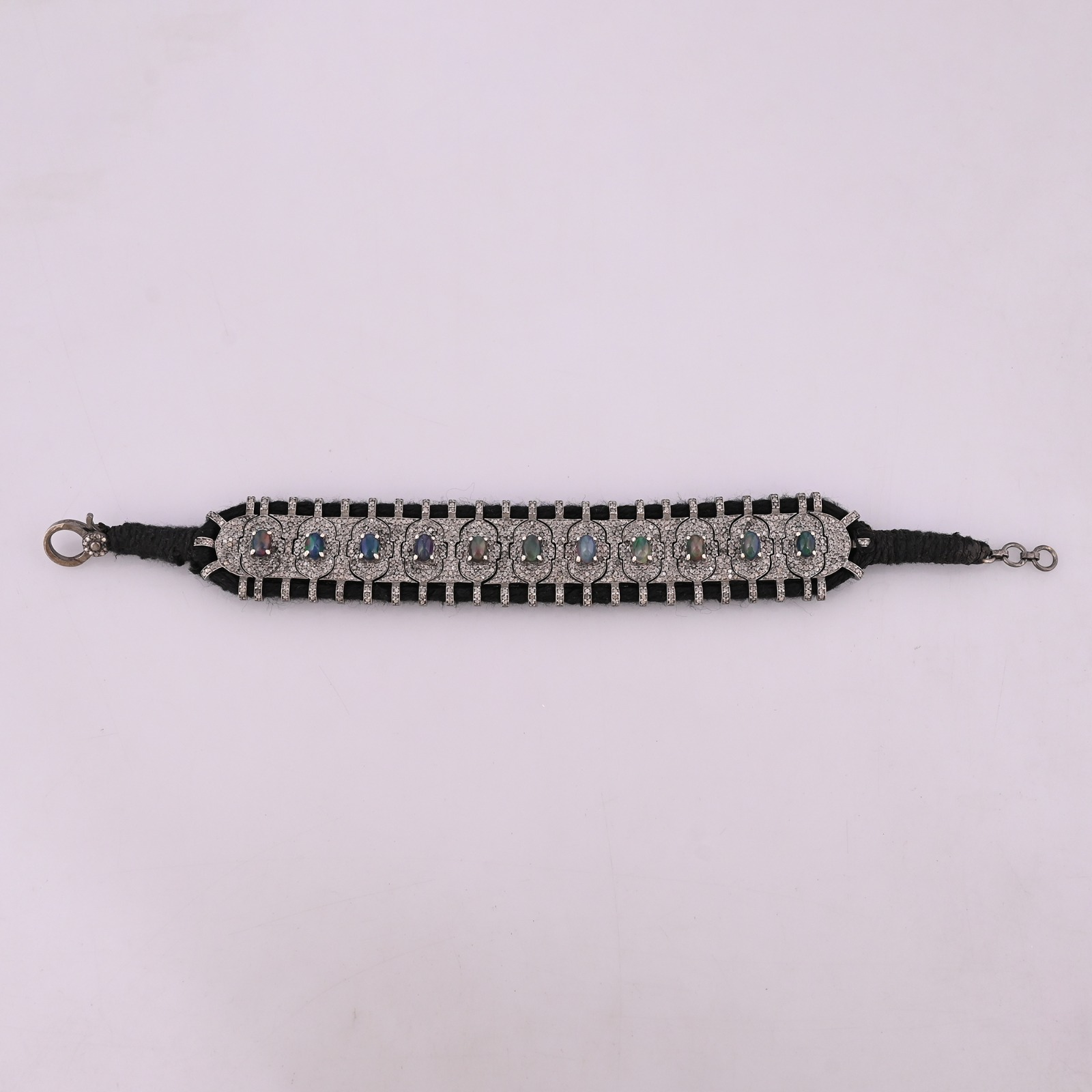 Luxury 925 Sterling Silver Threaded Bracelet Natural Black Opal  Diamond Jewelry for Women