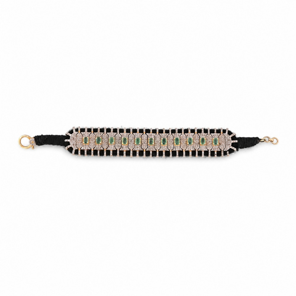 Image of Elegant handmade 925 sterling silver threaded bracelet featuring natural emerald and sparkling diamond Jewelry for Women