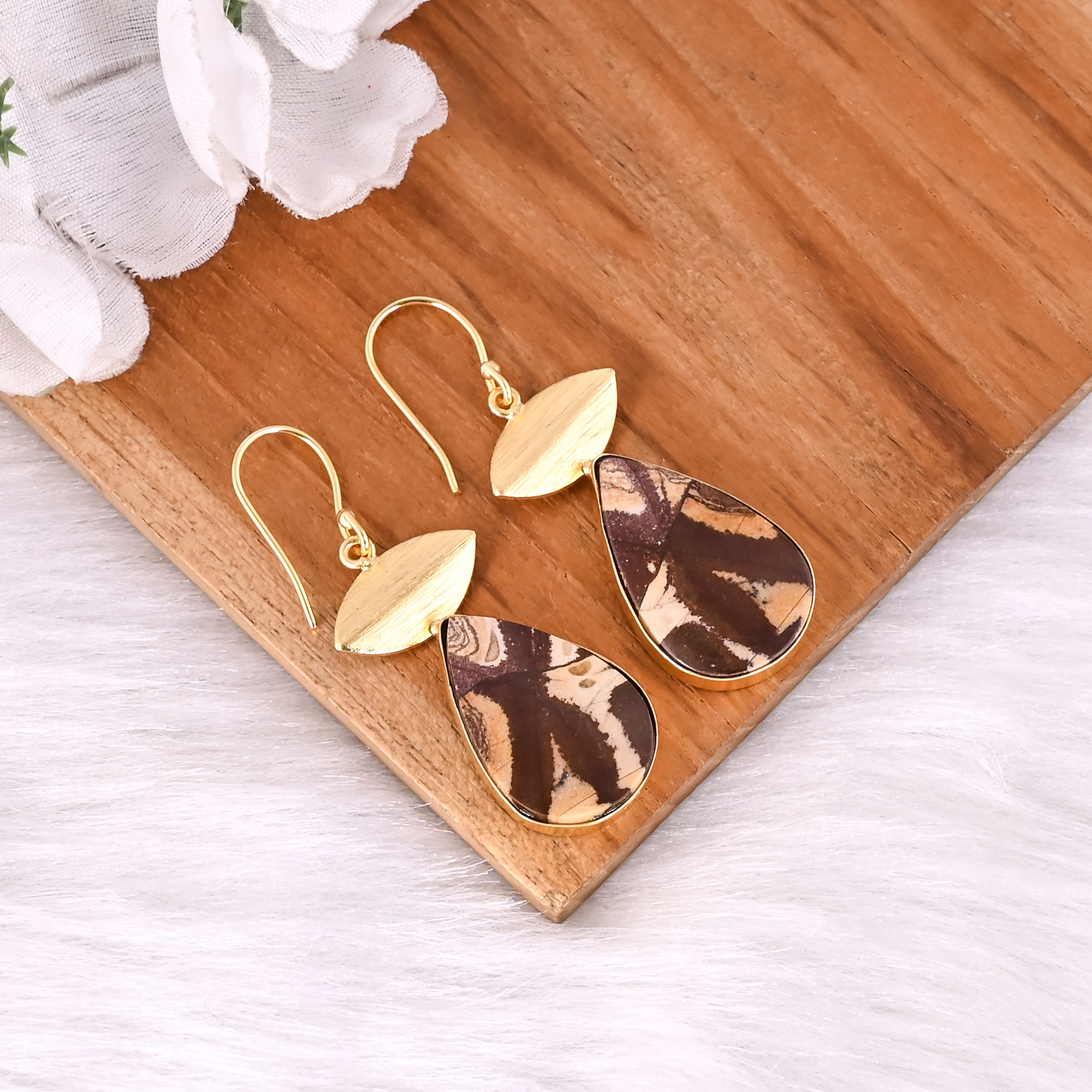 Antique Brass Dangle Earrings for Women Picture Jasper Gemstone Drop Earrings High-quality Brass Handmade Earrings Bulk Order