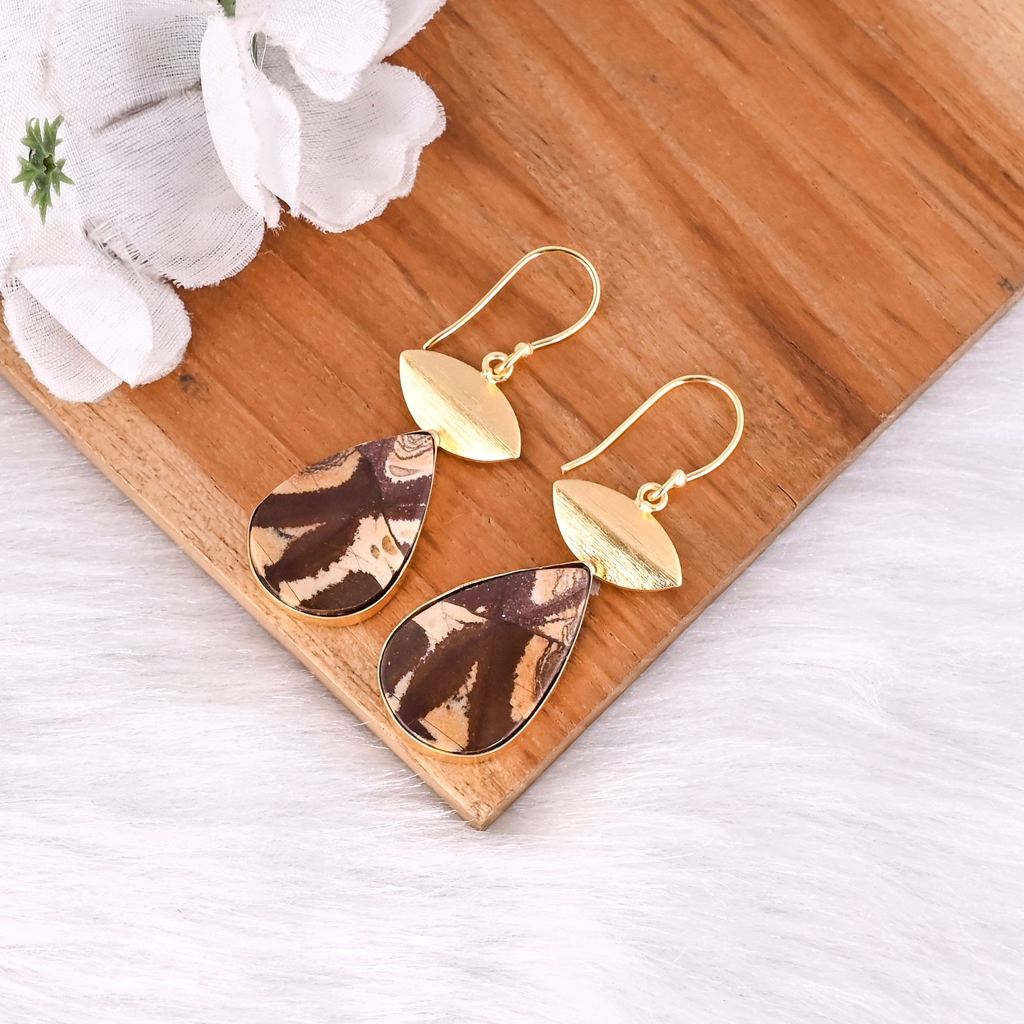 Antique Brass Dangle Earrings for Women Picture Jasper Gemstone Drop Earrings High-quality Brass Handmade Earrings Bulk Order