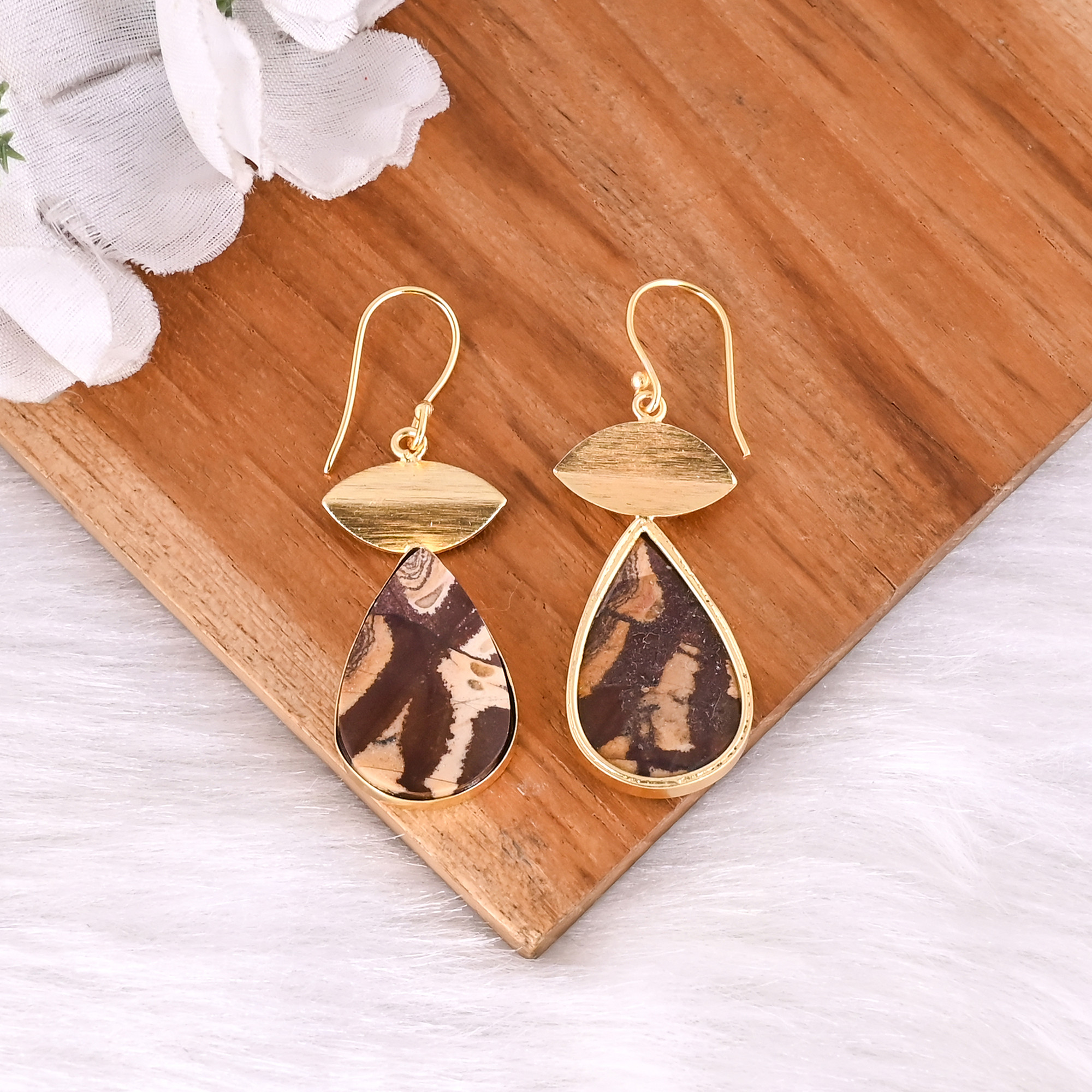 Antique Brass Dangle Earrings for Women Picture Jasper Gemstone Drop Earrings High-quality Brass Handmade Earrings Bulk Order