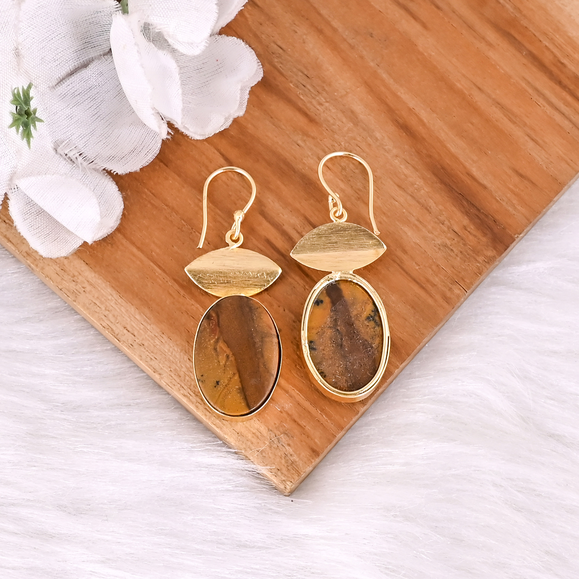 Custom Logo Gold-plated Brass Malinga Jasper Earrings Manufacturer Customized Jewelry High-quality Brass Earrings Bulk Order