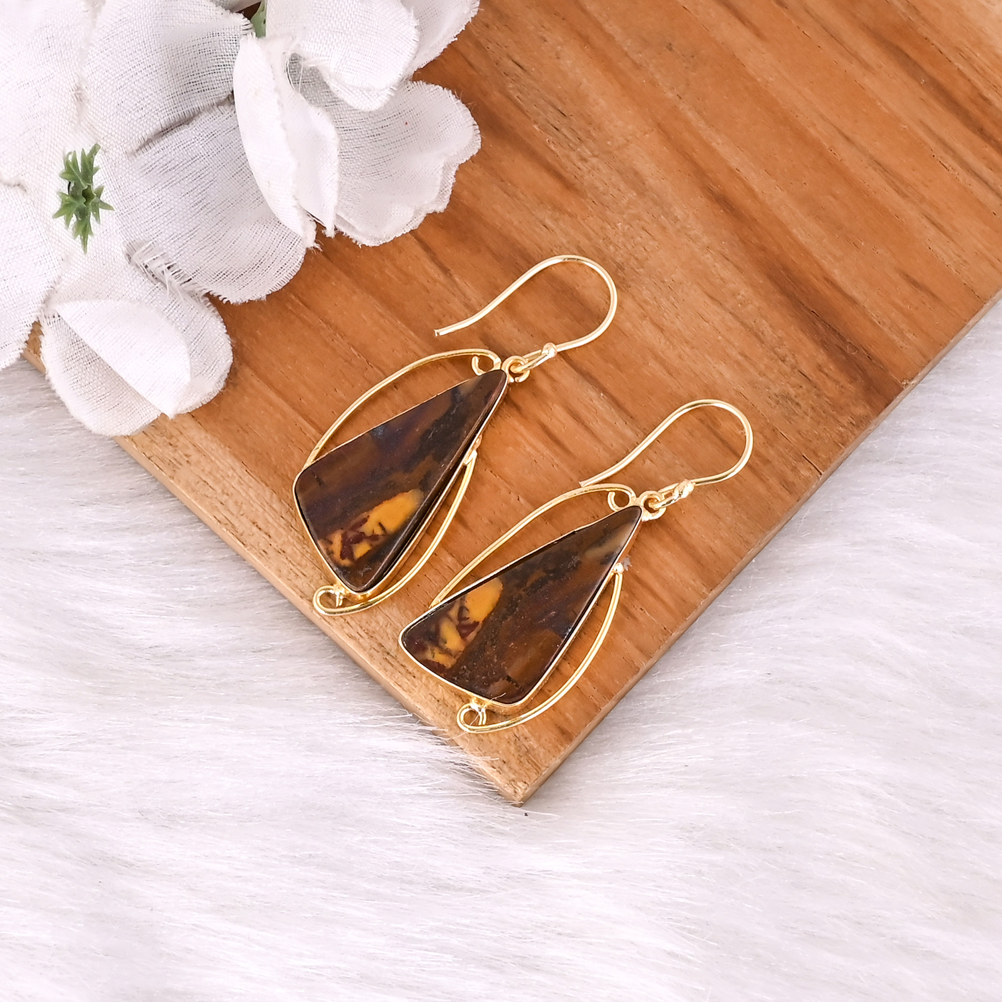 Handmade Classic Style Gold Plated Brass Earring Malinga Jasper Gemstone Dangle Earring Long Oval Earring Wholesale Manufacturer