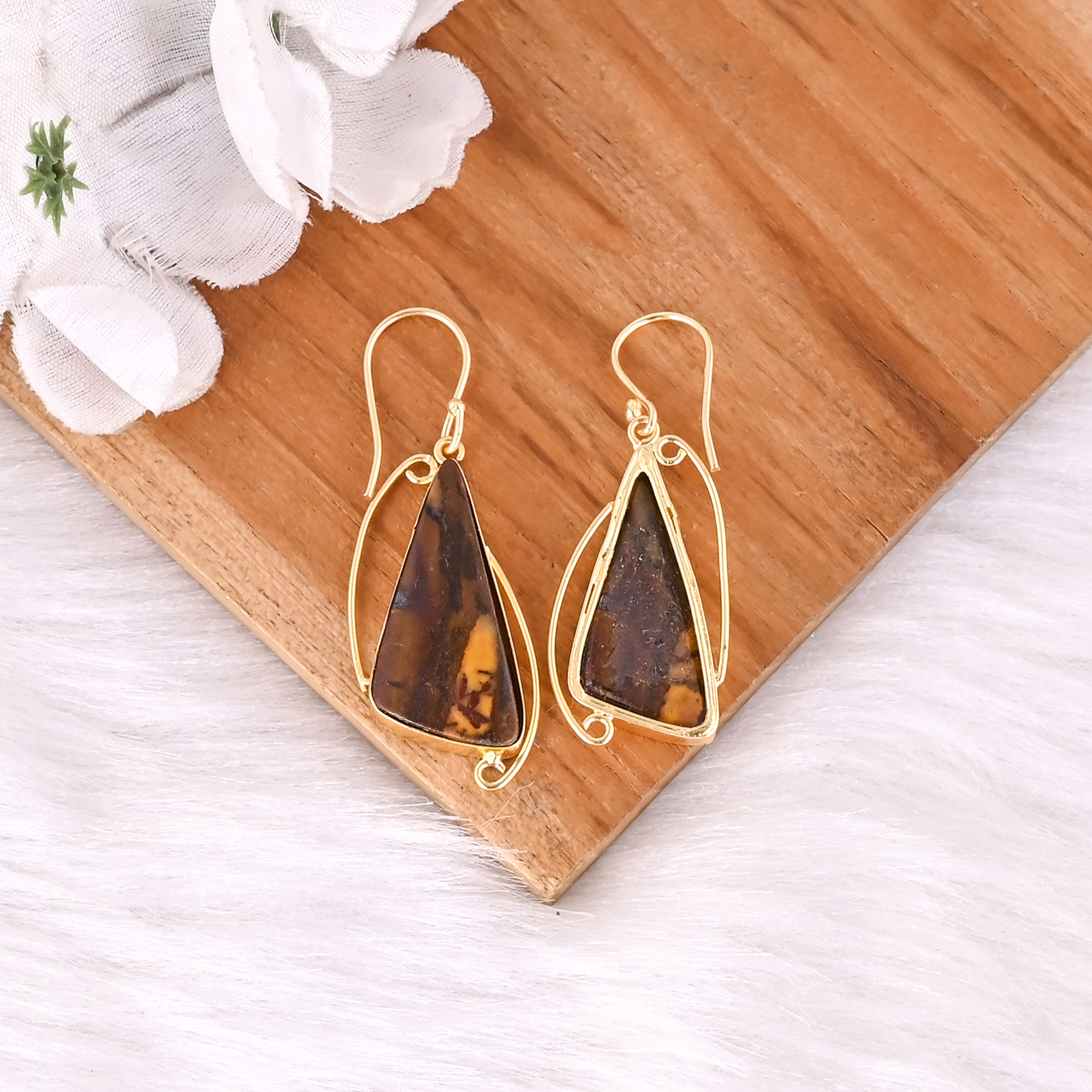 Handmade Classic Style Gold Plated Brass Earring Malinga Jasper Gemstone Dangle Earring Long Oval Earring Wholesale Manufacturer