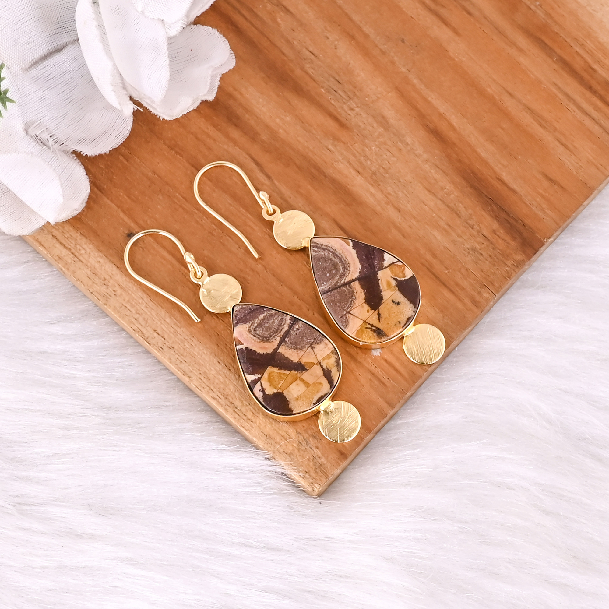Hot Selling Yellow Gold Plated Earring Picture Jasper Gemstone Earring Fashion Boho Statement Earrings Wholesale Manufacturer